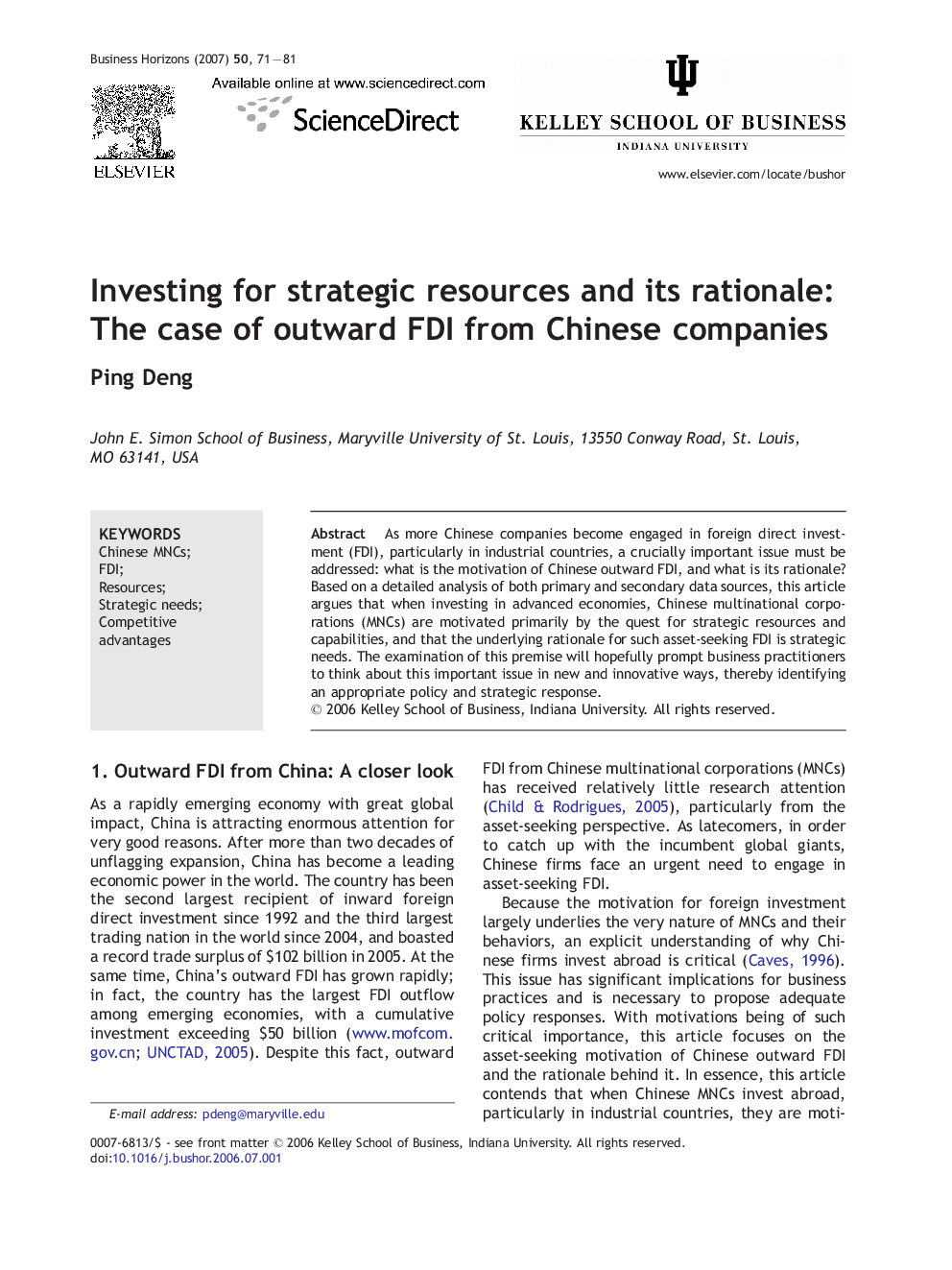 Investing for strategic resources and its rationale: The case of outward FDI from Chinese companies