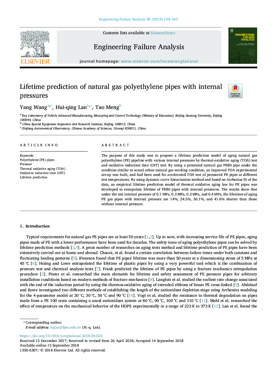 Lifetime prediction of natural gas polyethylene pipes with internal pressures