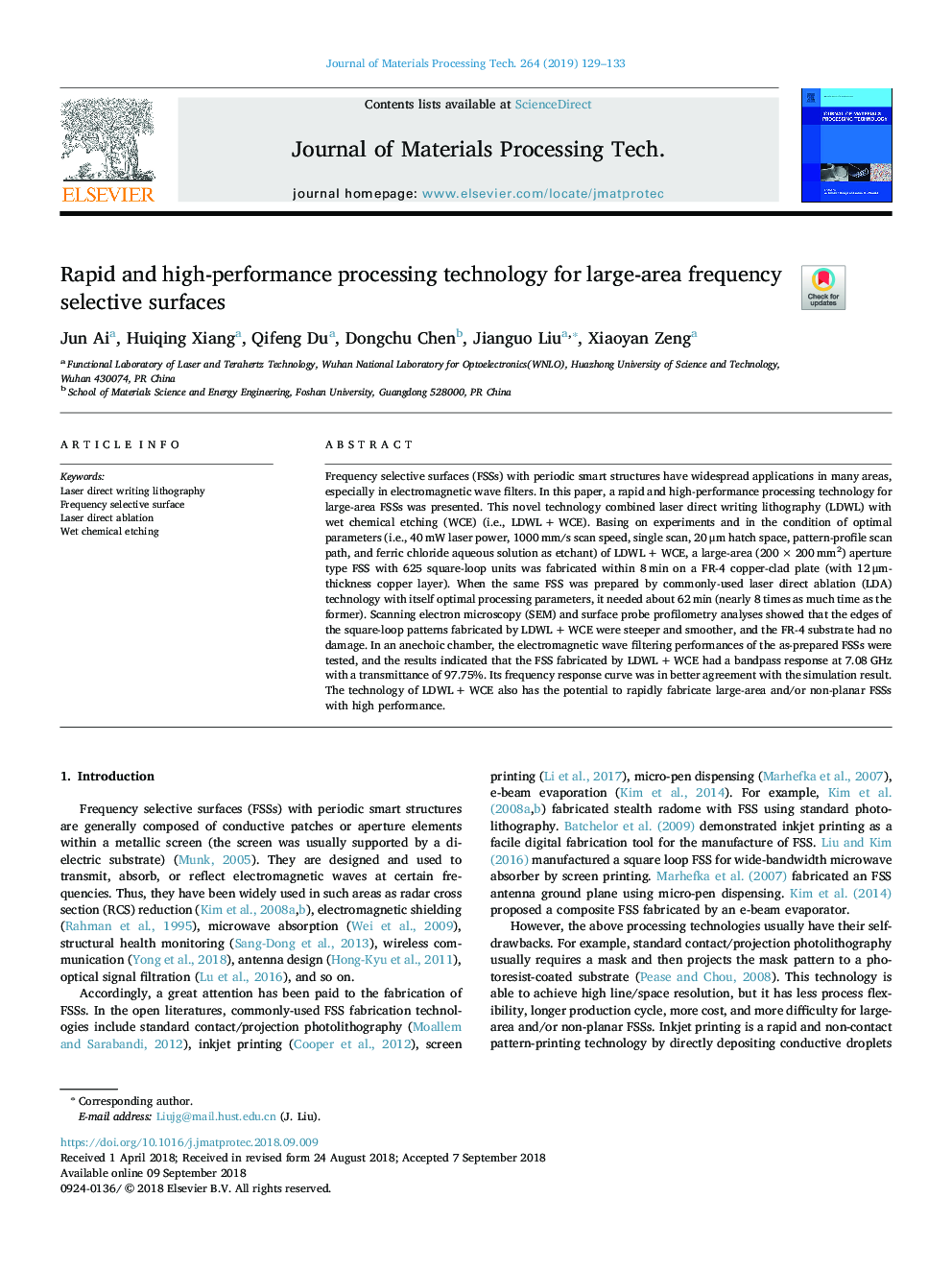 Rapid and high-performance processing technology for large-area frequency selective surfaces