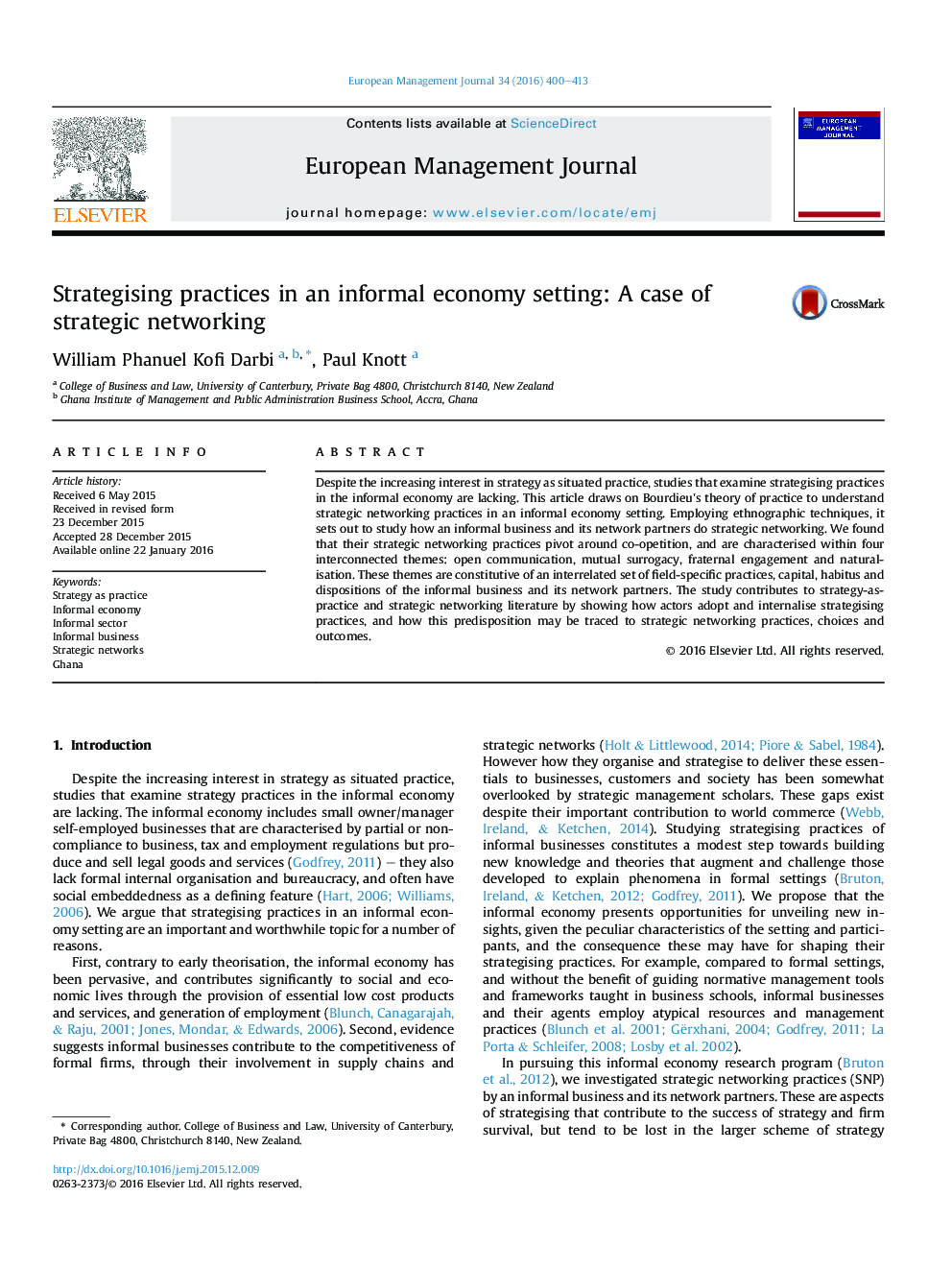 Strategising practices in an informal economy setting: A case of strategic networking
