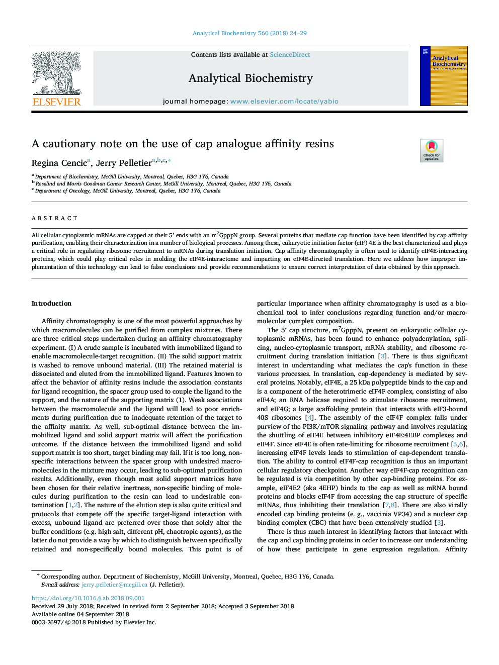 A cautionary note on the use of cap analogue affinity resins