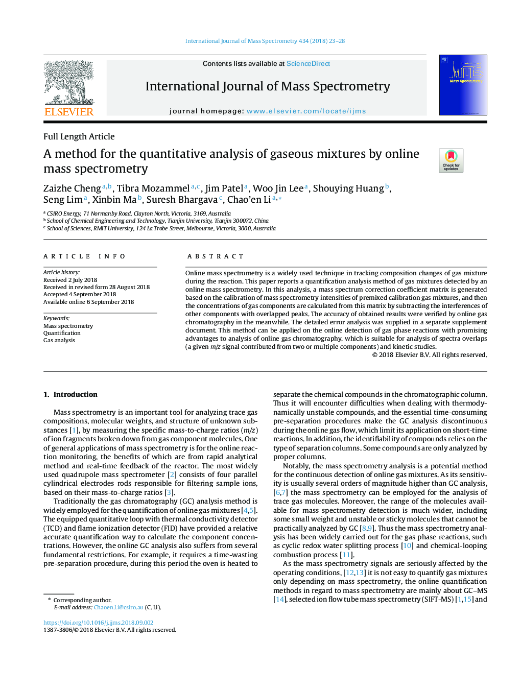 A method for the quantitative analysis of gaseous mixtures by online mass spectrometry