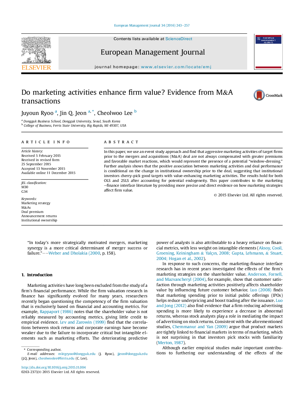 Do marketing activities enhance firm value? Evidence from M&A transactions