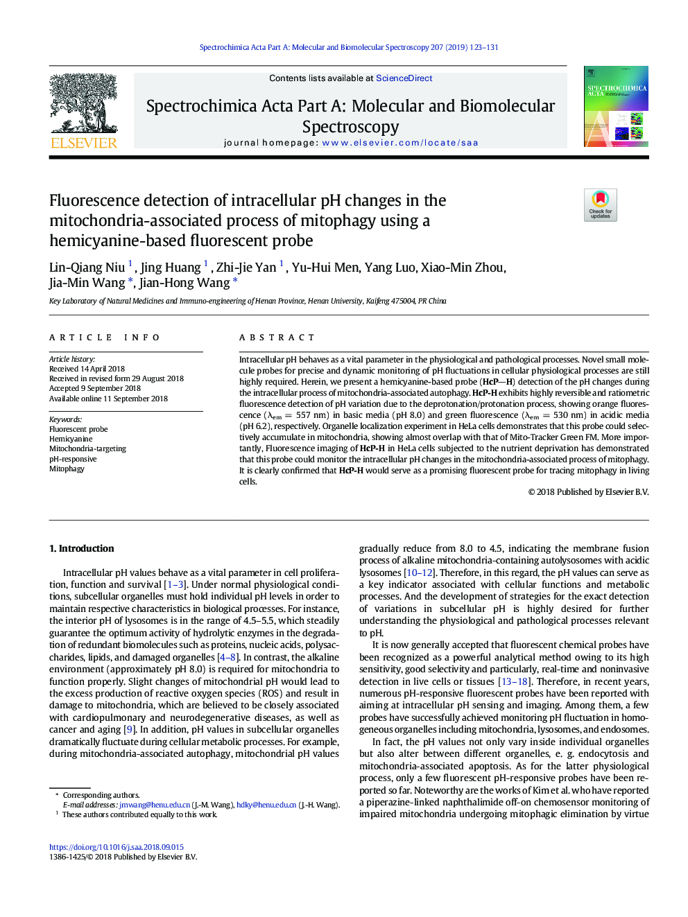 Fluorescence detection of intracellular pH changes in the mitochondria-associated process of mitophagy using a hemicyanine-based fluorescent probe