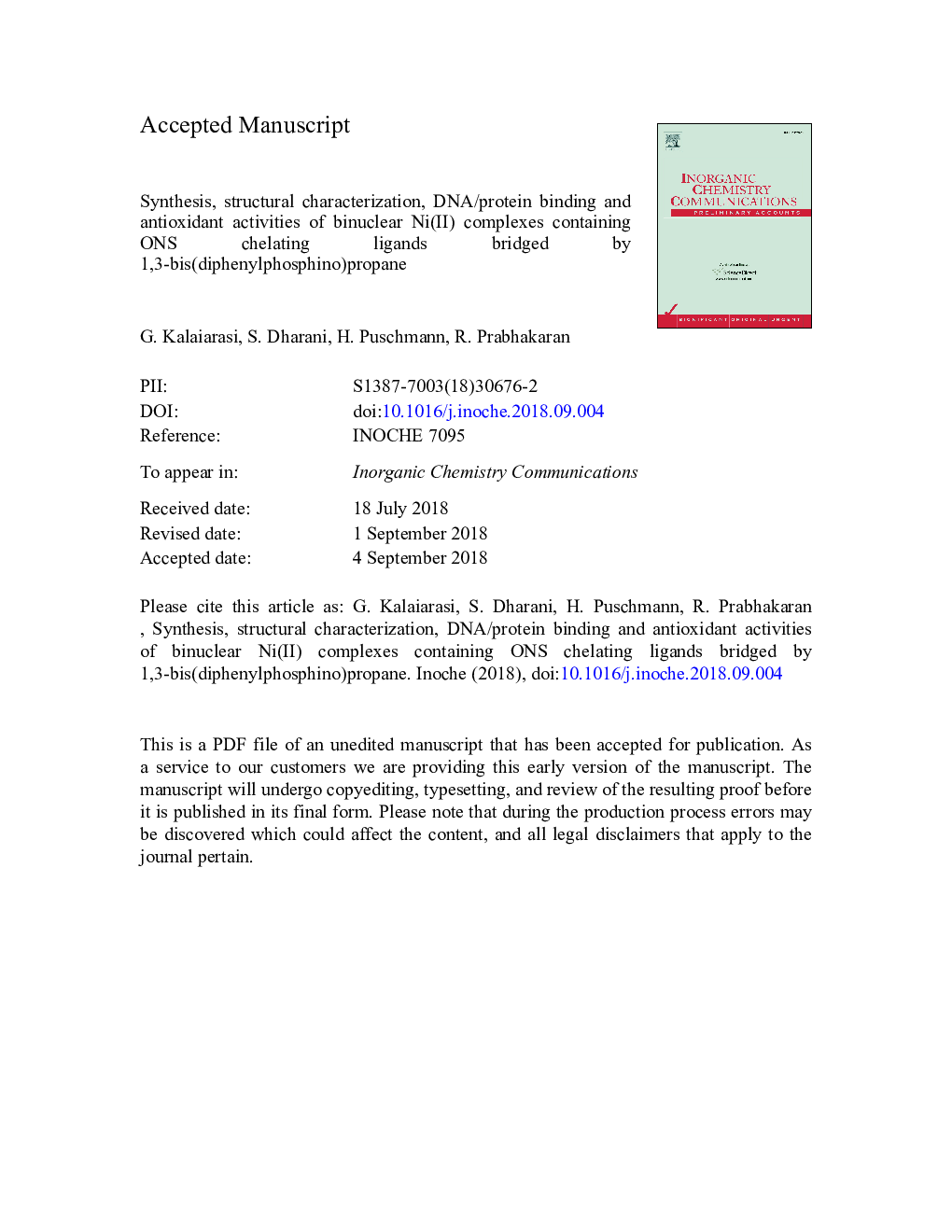 عکس صفحه اول مقاله: Synthesis, structural characterization, DNA/protein binding and antioxidant activities of binuclear Ni(II) complexes containing ONS chelating ligands bridged by 1,3-bis(diphenylphosphino)propane Synthesis, structural characterization, DNA/protein binding and antioxidant activities of binuclear Ni(II) complexes containing ONS chelating ligands bridged by 1,3-bis(diphenylphosphino)propane