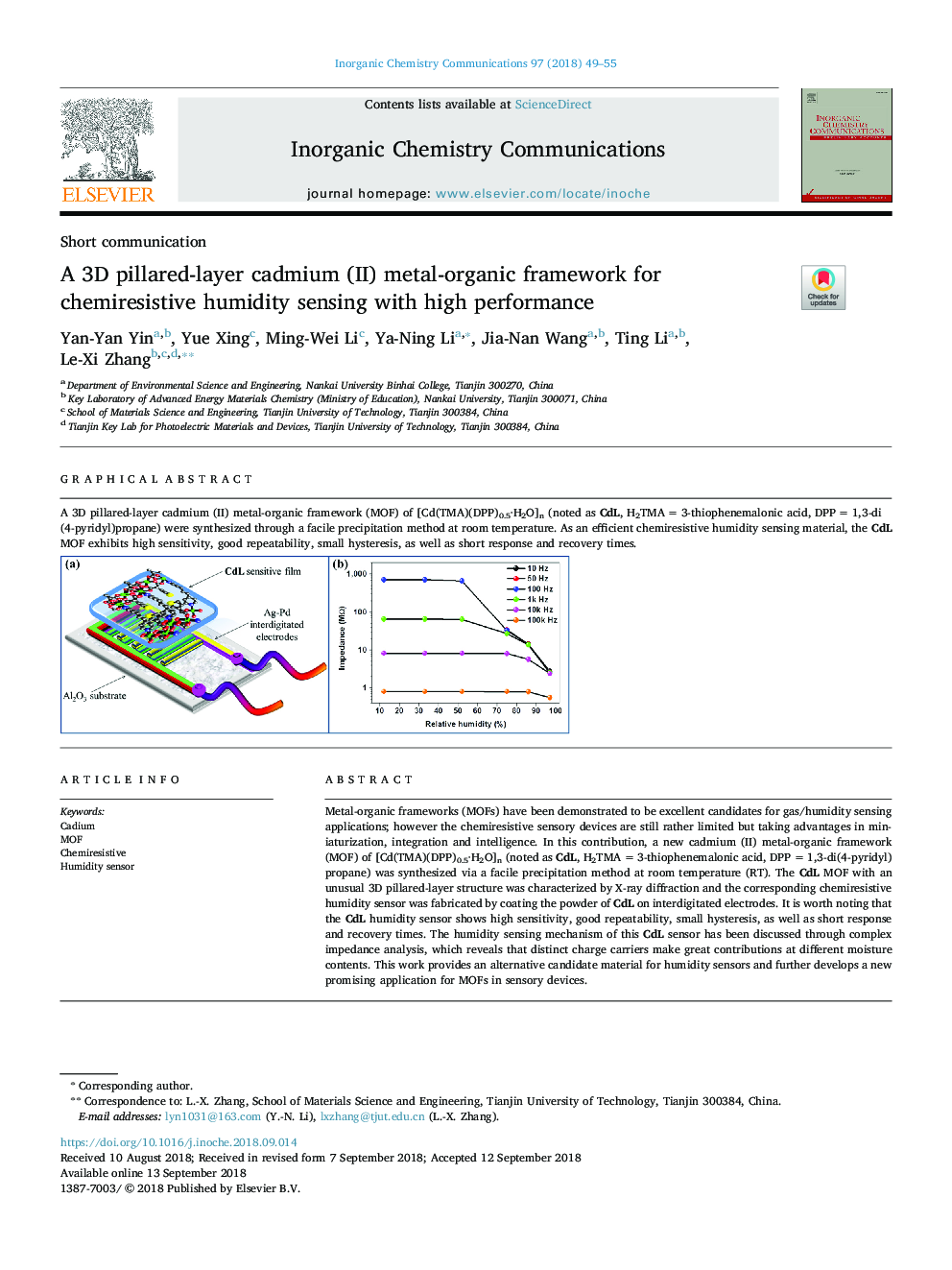 A 3D pillared-layer cadmium (II) metal-organic framework for chemiresistive humidity sensing with high performance