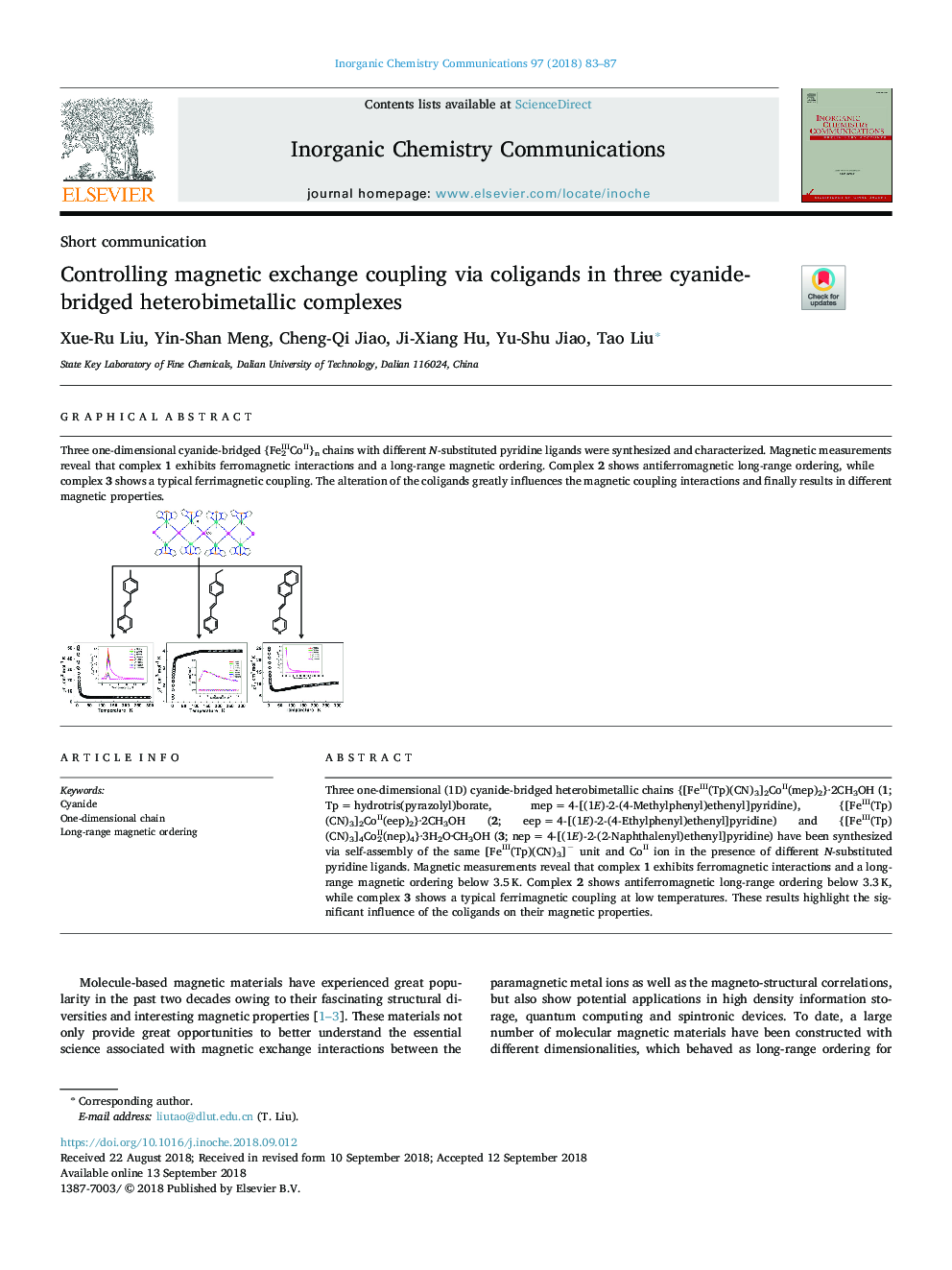 Controlling magnetic exchange coupling via coligands in three cyanide-bridged heterobimetallic complexes