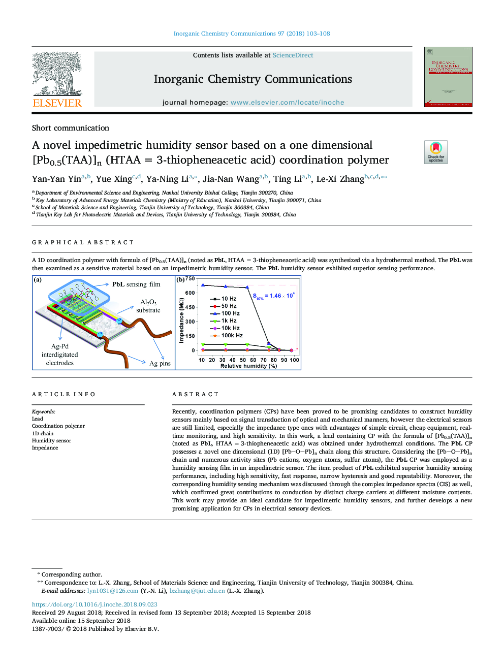 A novel impedimetric humidity sensor based on a one dimensional [Pb0.5(TAA)]n (HTAAâ¯=â¯3âthiopheneacetic acid) coordination polymer