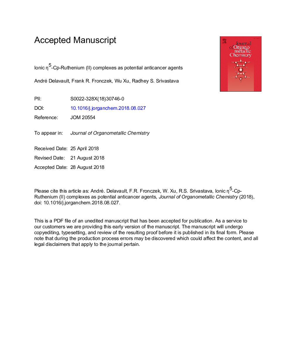 Ionic Î·5-Cp-Ruthenium (II) complexes as potential anticancer agents