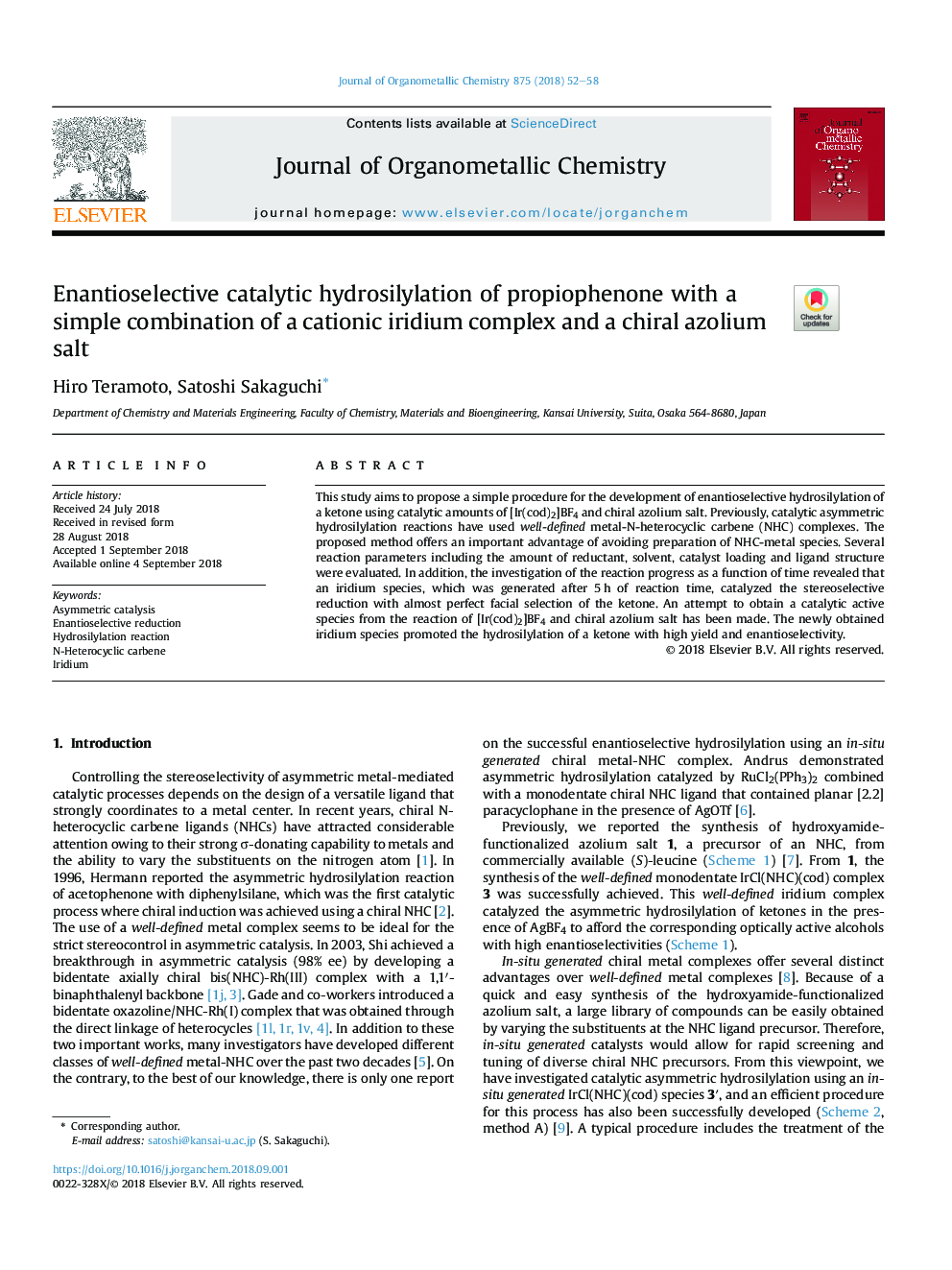 Enantioselective catalytic hydrosilylation of propiophenone with a simple combination of a cationic iridium complex and a chiral azolium salt