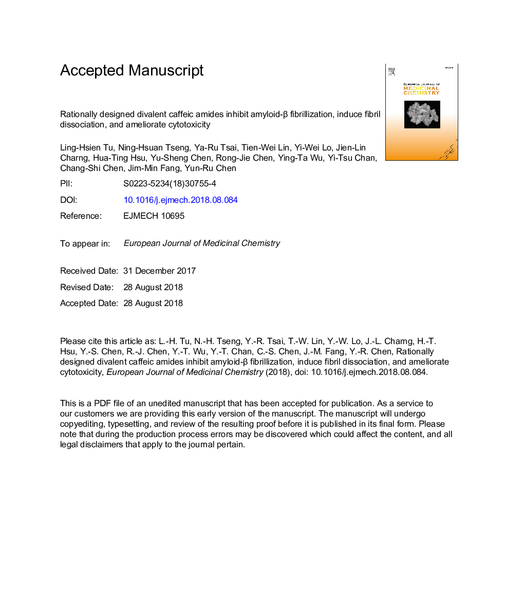Rationally designed divalent caffeic amides inhibit amyloid-Î² fibrillization, induce fibril dissociation, and ameliorate cytotoxicity