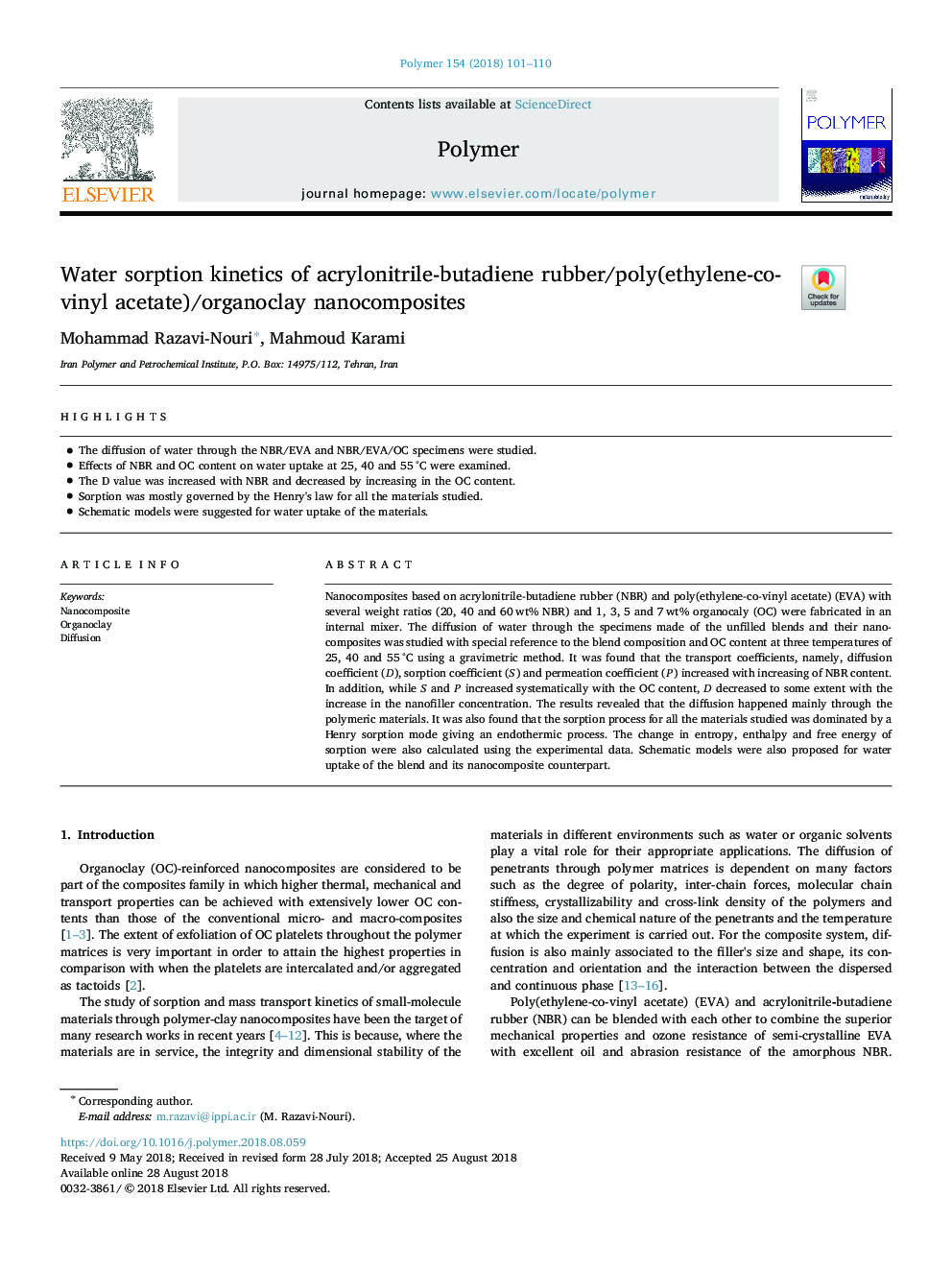 Water sorption kinetics of acrylonitrile-butadiene rubber/poly(ethylene-co-vinyl acetate)/organoclay nanocomposites