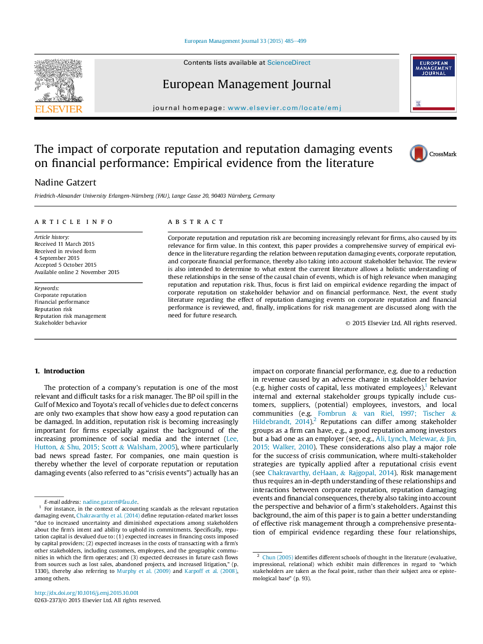 The impact of corporate reputation and reputation damaging events on financial performance: Empirical evidence from the literature