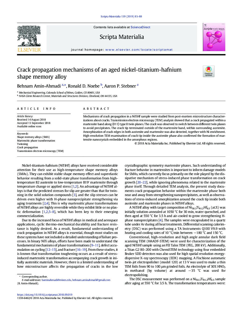 Crack propagation mechanisms of an aged nickel-titanium-hafnium shape memory alloy