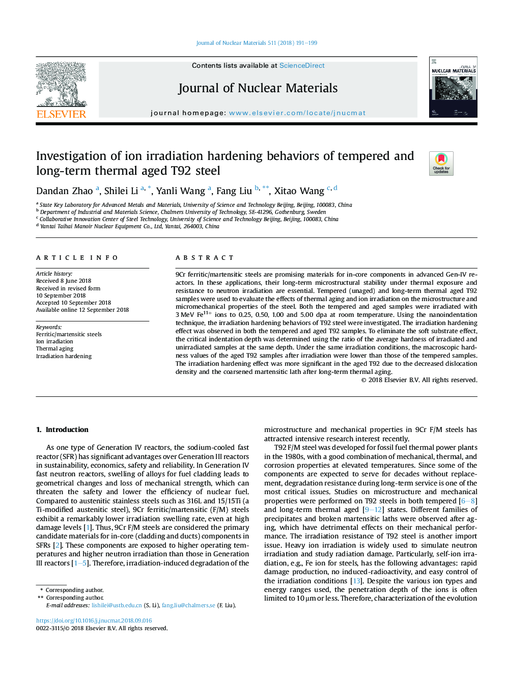 Investigation of ion irradiation hardening behaviors of tempered and long-term thermal aged T92 steel