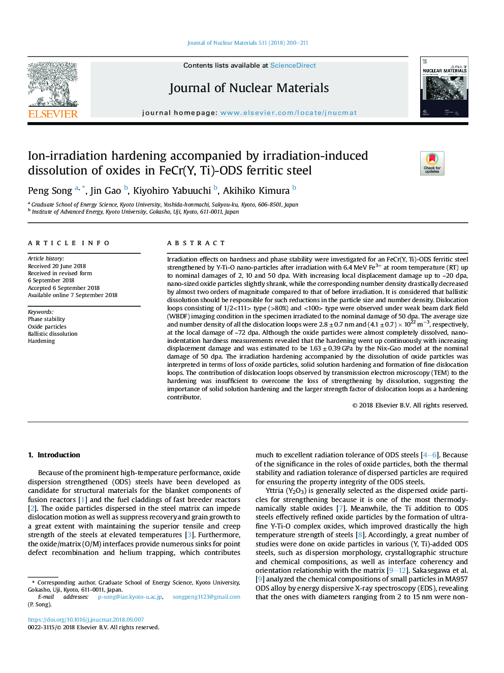 Ion-irradiation hardening accompanied by irradiation-induced dissolution of oxides in FeCr(Y, Ti)-ODS ferritic steel