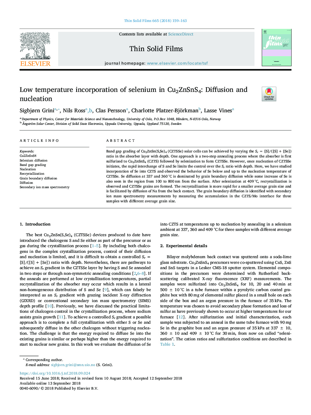 Low temperature incorporation of selenium in Cu2ZnSnS4: Diffusion and nucleation