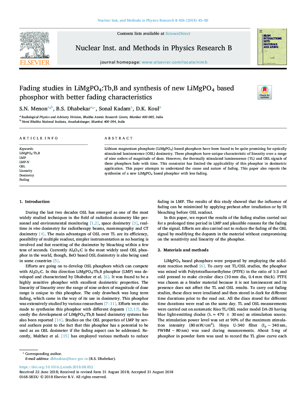 Fading studies in LiMgPO4:Tb,B and synthesis of new LiMgPO4 based phosphor with better fading characteristics