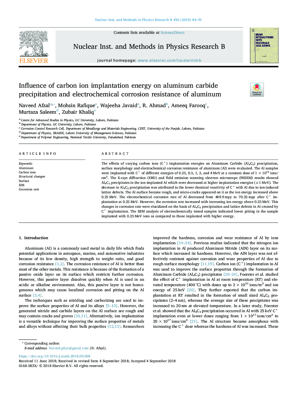 Influence of carbon ion implantation energy on aluminum carbide precipitation and electrochemical corrosion resistance of aluminum