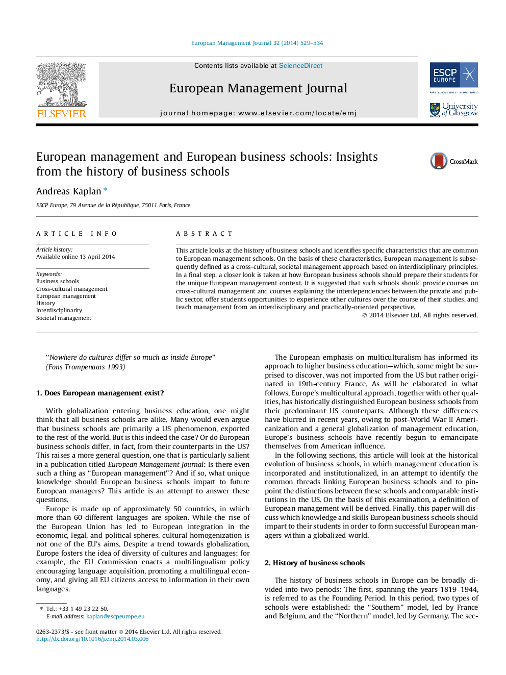 European management and European business schools: Insights from the history of business schools