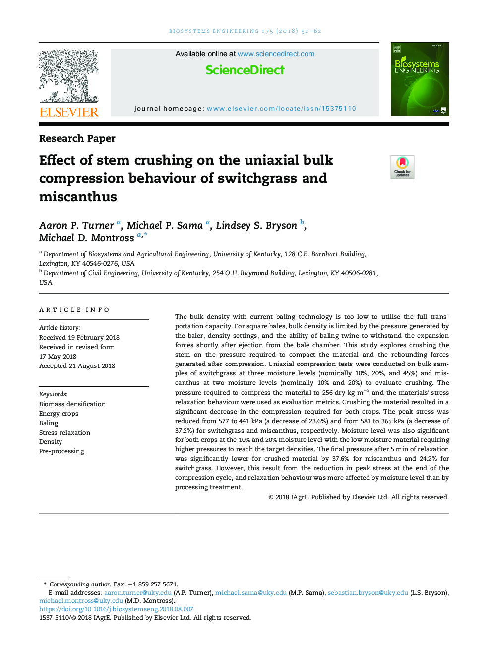 Effect of stem crushing on the uniaxial bulk compression behaviour of switchgrass and miscanthus
