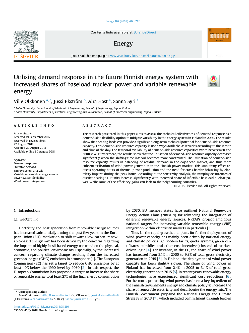 Utilising demand response in the future Finnish energy system with increased shares of baseload nuclear power and variable renewable energy