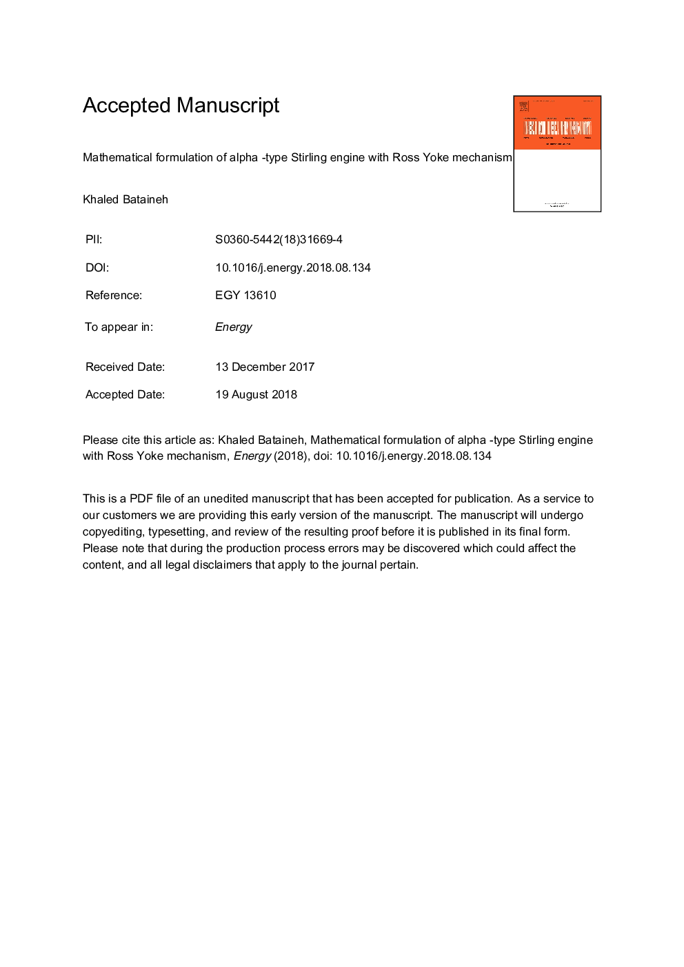 Mathematical formulation of alpha -type Stirling engine with Ross Yoke mechanism