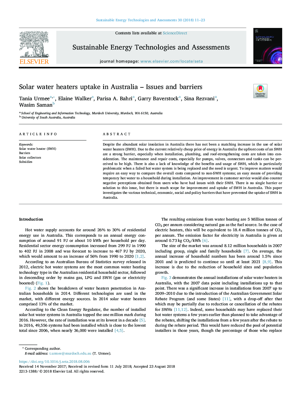 Solar water heaters uptake in Australia - Issues and barriers