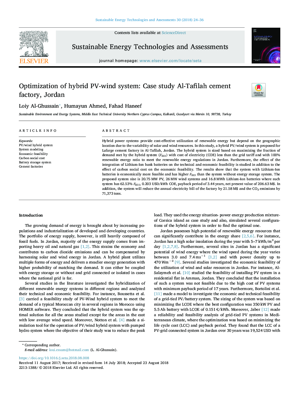 Optimization of hybrid PV-wind system: Case study Al-Tafilah cement factory, Jordan