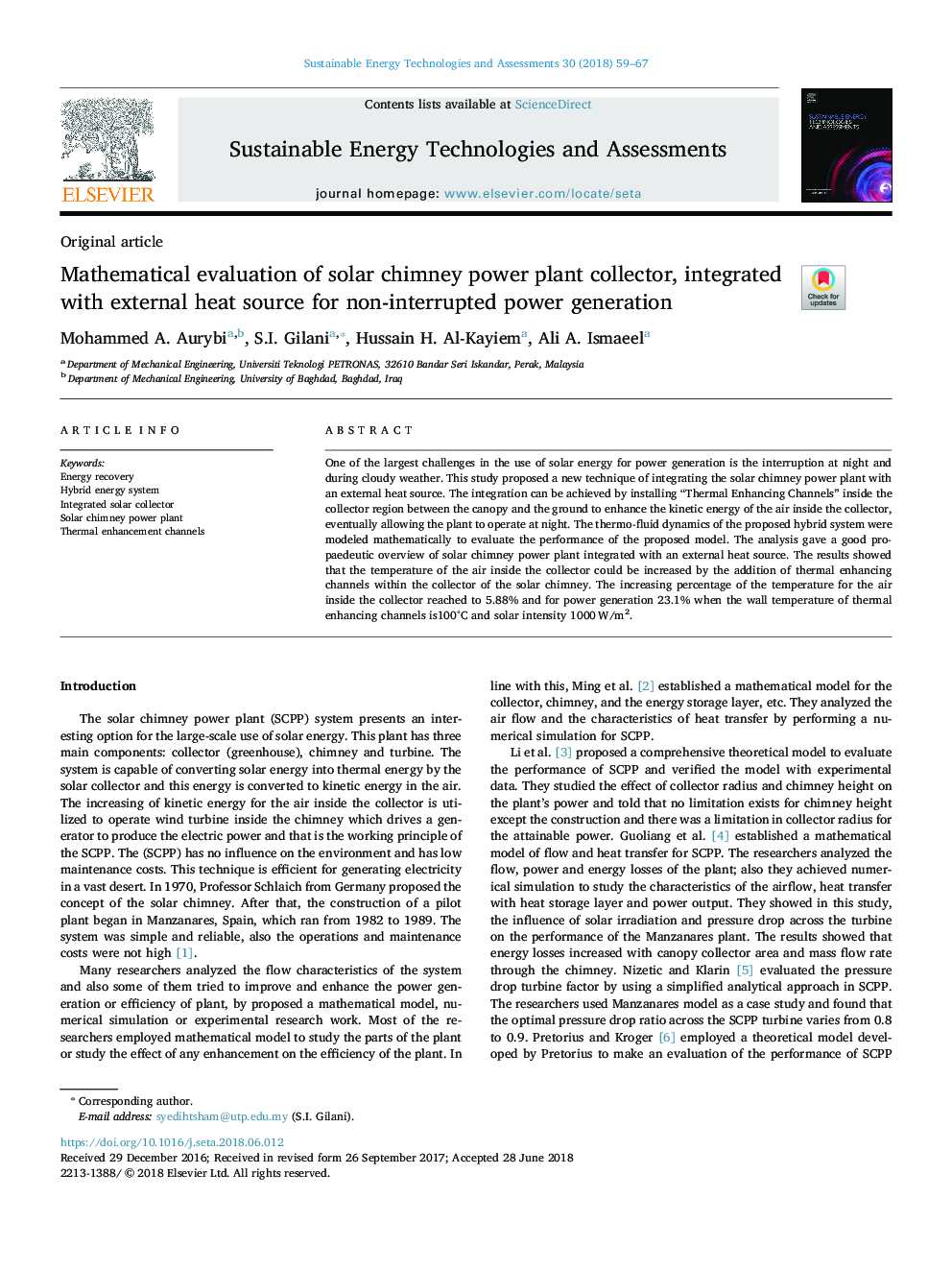 Mathematical evaluation of solar chimney power plant collector, integrated with external heat source for non-interrupted power generation