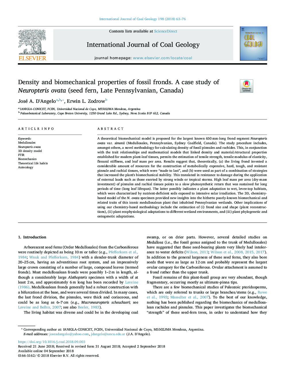 Density and biomechanical properties of fossil fronds. A case study of Neuropteris ovata (seed fern, Late Pennsylvanian, Canada)