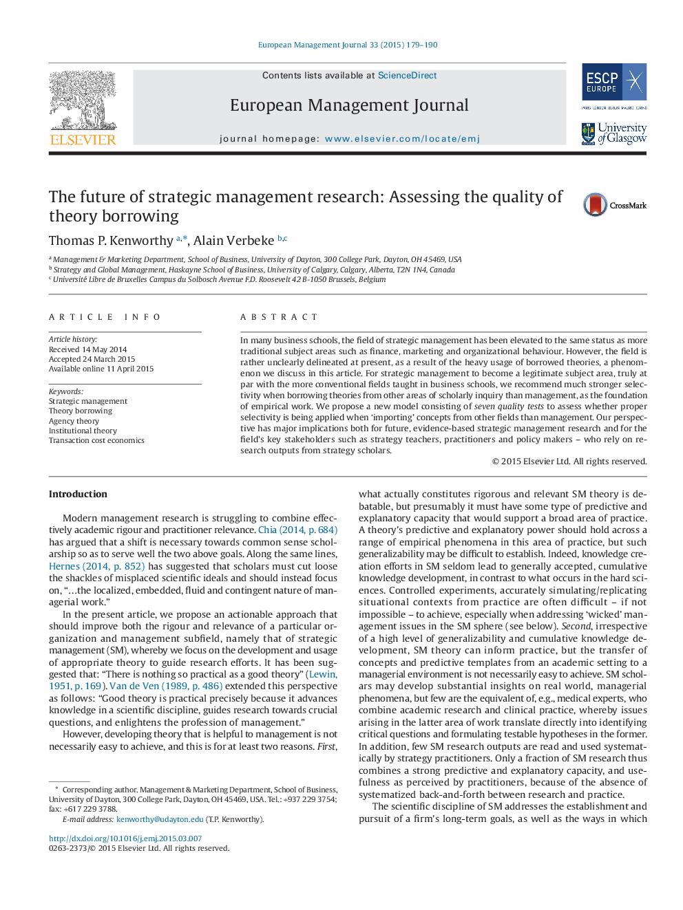 The future of strategic management research: Assessing the quality of theory borrowing