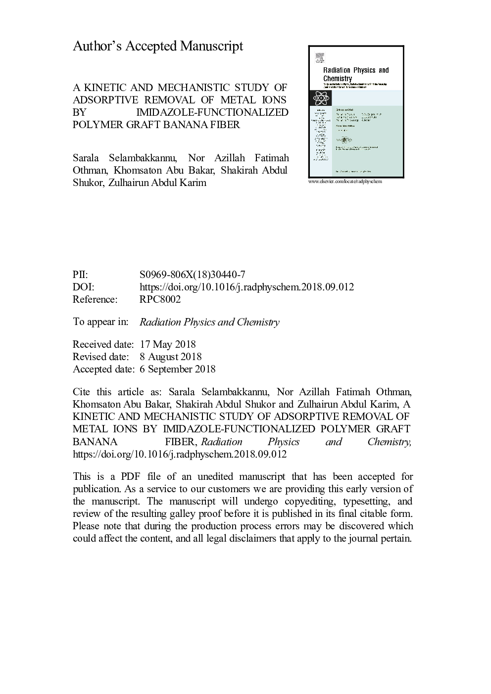 A kinetic and mechanistic study of adsorptive removal of metal ions by imidazole-functionalized polymer graft banana fiber