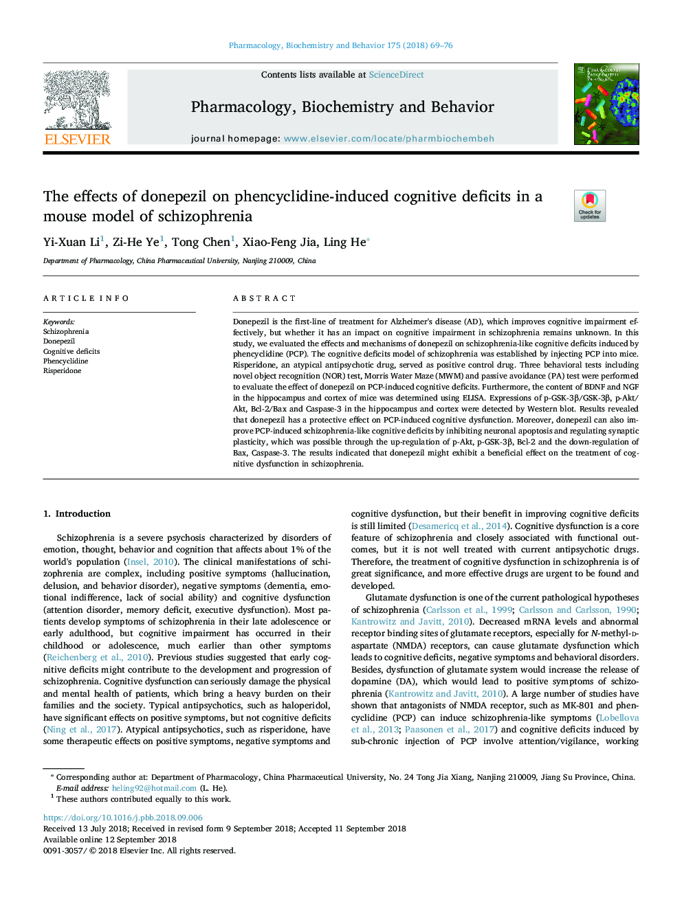 The effects of donepezil on phencyclidine-induced cognitive deficits in a mouse model of schizophrenia