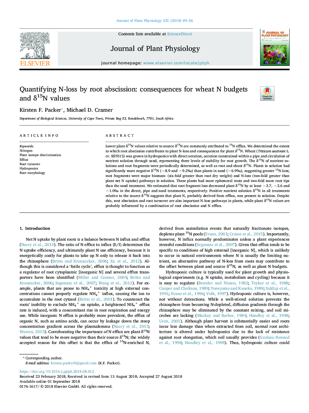 Quantifying N-loss by root abscission: consequences for wheat N budgets and Î´15N values