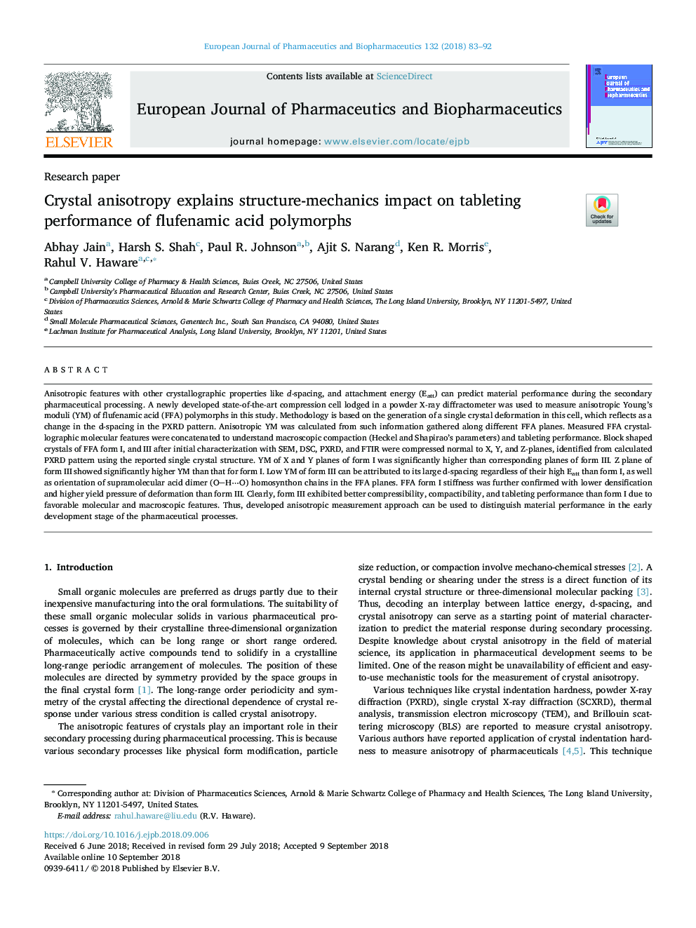 Crystal anisotropy explains structure-mechanics impact on tableting performance of flufenamic acid polymorphs