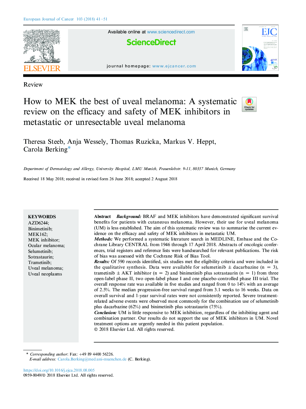 How to MEK the best of uveal melanoma: A systematic review on the efficacy and safety of MEK inhibitors in metastatic or unresectable uveal melanoma