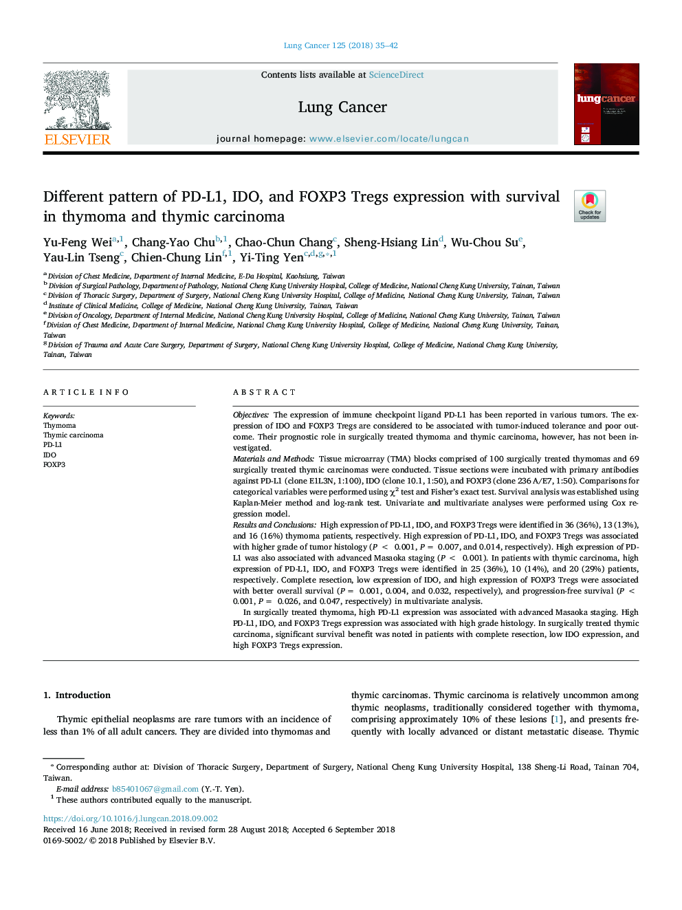 Different pattern of PD-L1, IDO, and FOXP3 Tregs expression with survival in thymoma and thymic carcinoma