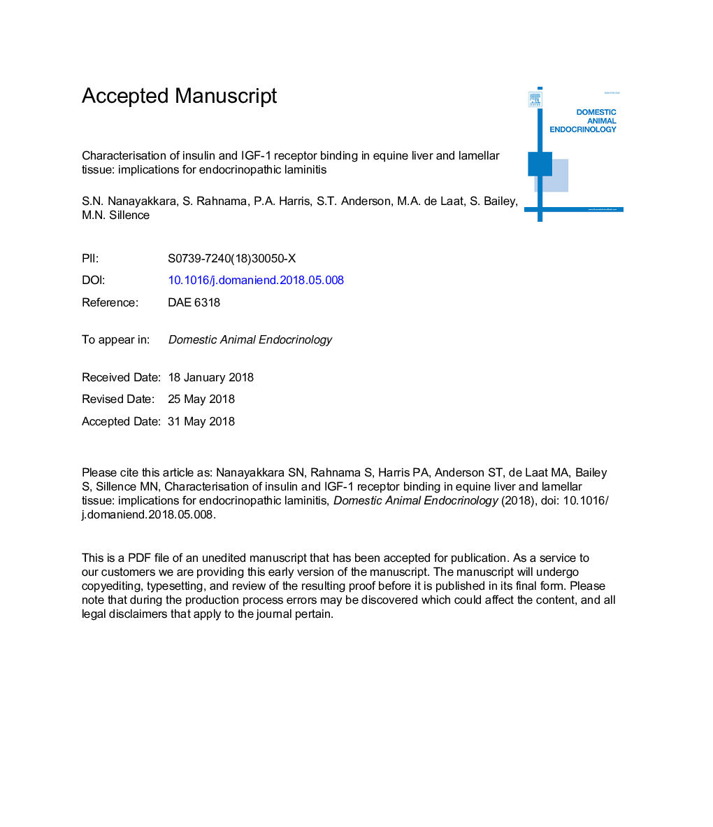 Characterization of insulin and IGF-1 receptor binding in equine liver and lamellar tissue: implications for endocrinopathic laminitis