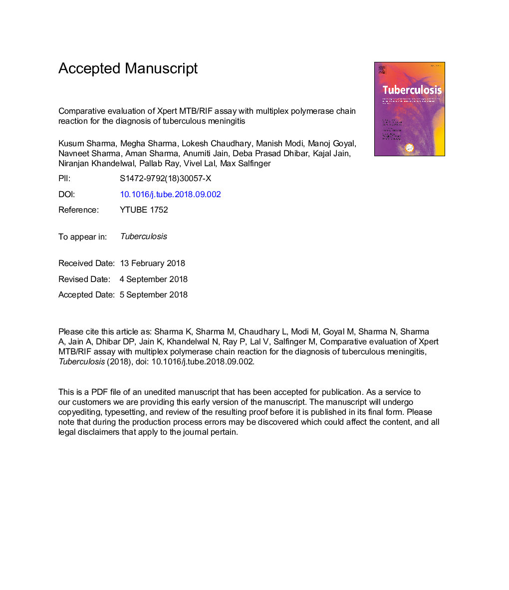 Comparative evaluation of Xpert MTB/RIF assay with multiplex polymerase chain reaction for the diagnosis of tuberculous meningitis