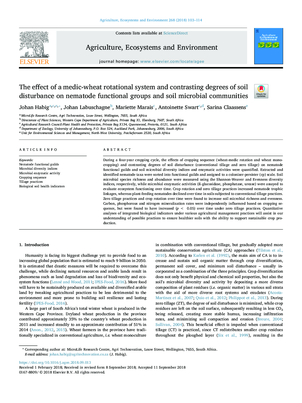 The effect of a medic-wheat rotational system and contrasting degrees of soil disturbance on nematode functional groups and soil microbial communities