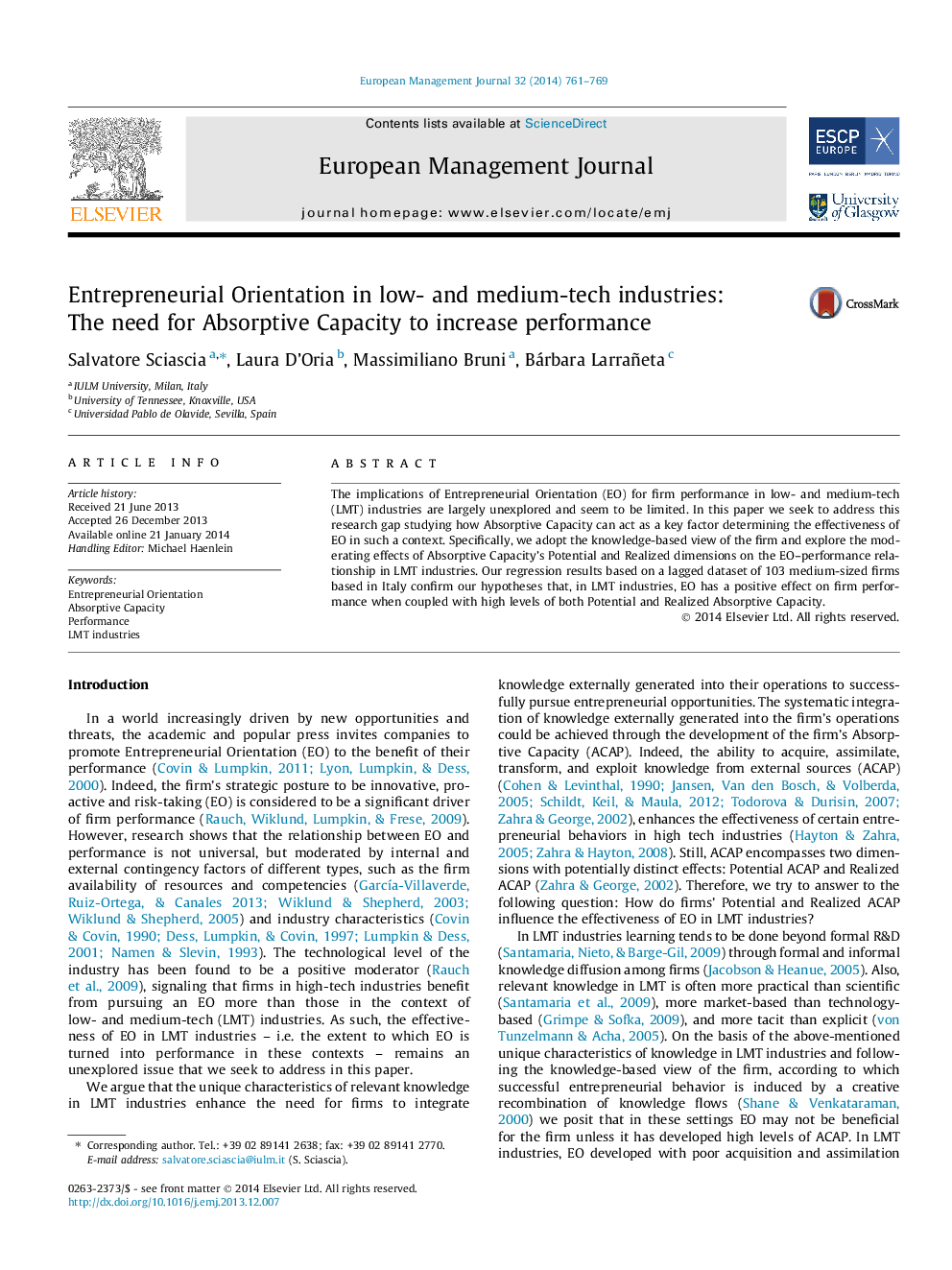 Entrepreneurial Orientation in low- and medium-tech industries: The need for Absorptive Capacity to increase performance