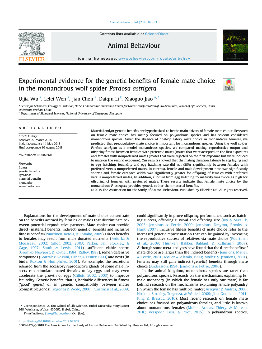 Experimental evidence for the genetic benefits of female mate choice in the monandrous wolf spider Pardosa astrigera