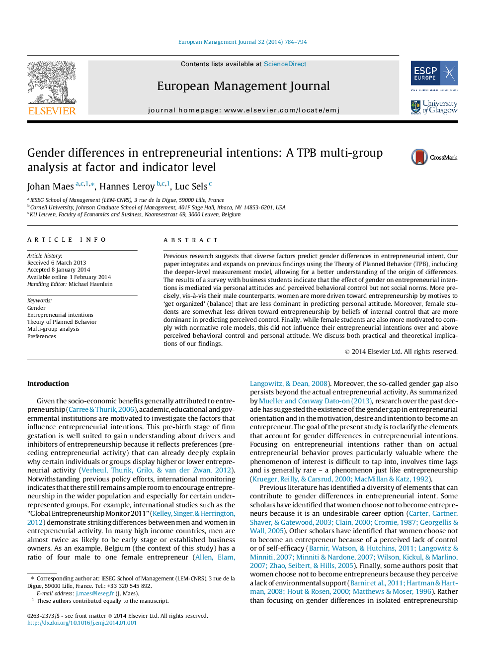 Gender differences in entrepreneurial intentions: A TPB multi-group analysis at factor and indicator level