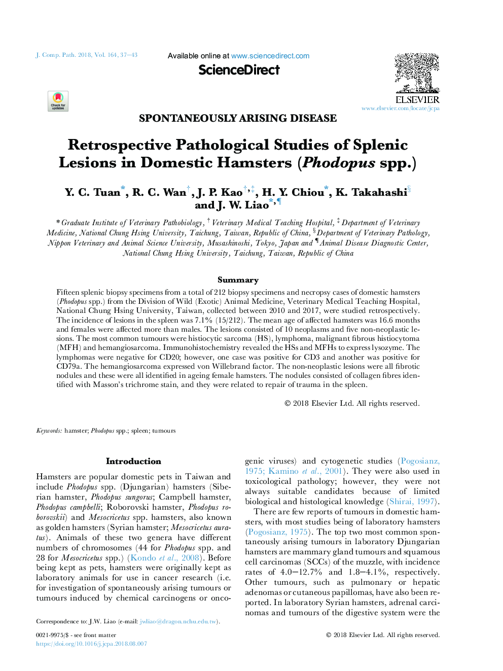 Retrospective Pathological Studies of Splenic Lesions in Domestic Hamsters (Phodopus spp.)