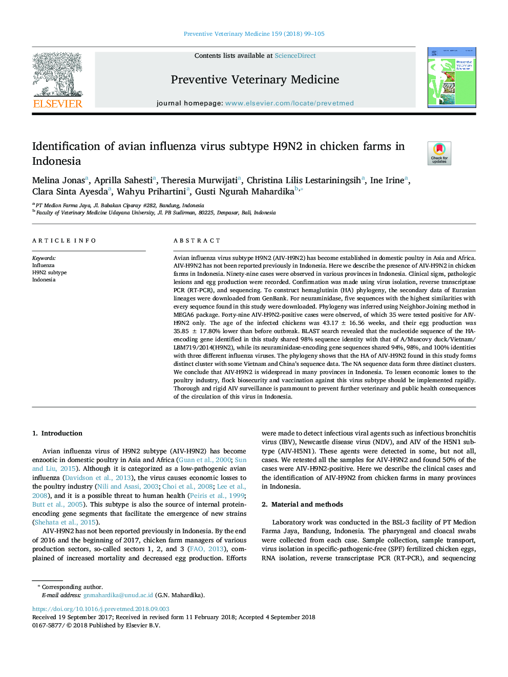 Identification of avian influenza virus subtype H9N2 in chicken farms in Indonesia