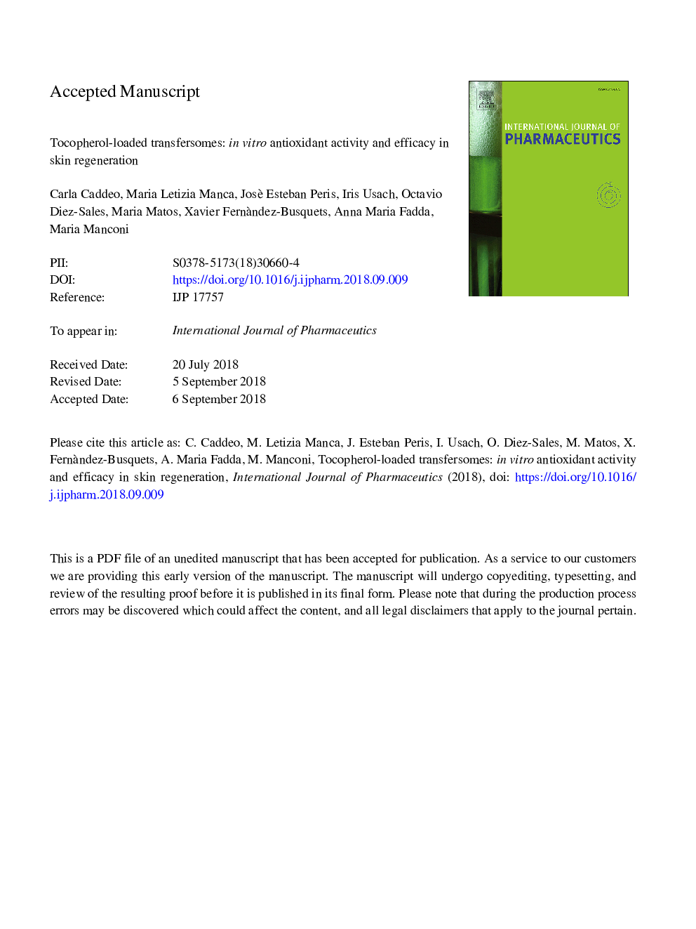 Tocopherol-loaded transfersomes: In vitro antioxidant activity and efficacy in skin regeneration