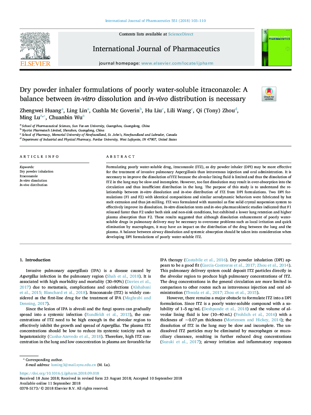 Dry powder inhaler formulations of poorly water-soluble itraconazole: A balance between in-vitro dissolution and in-vivo distribution is necessary