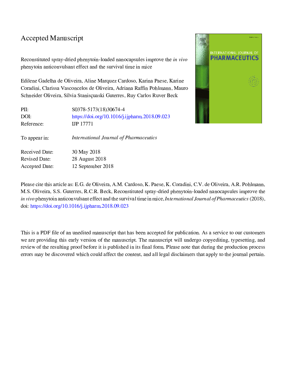 Reconstituted spray-dried phenytoin-loaded nanocapsules improve the in vivo phenytoin anticonvulsant effect and the survival time in mice