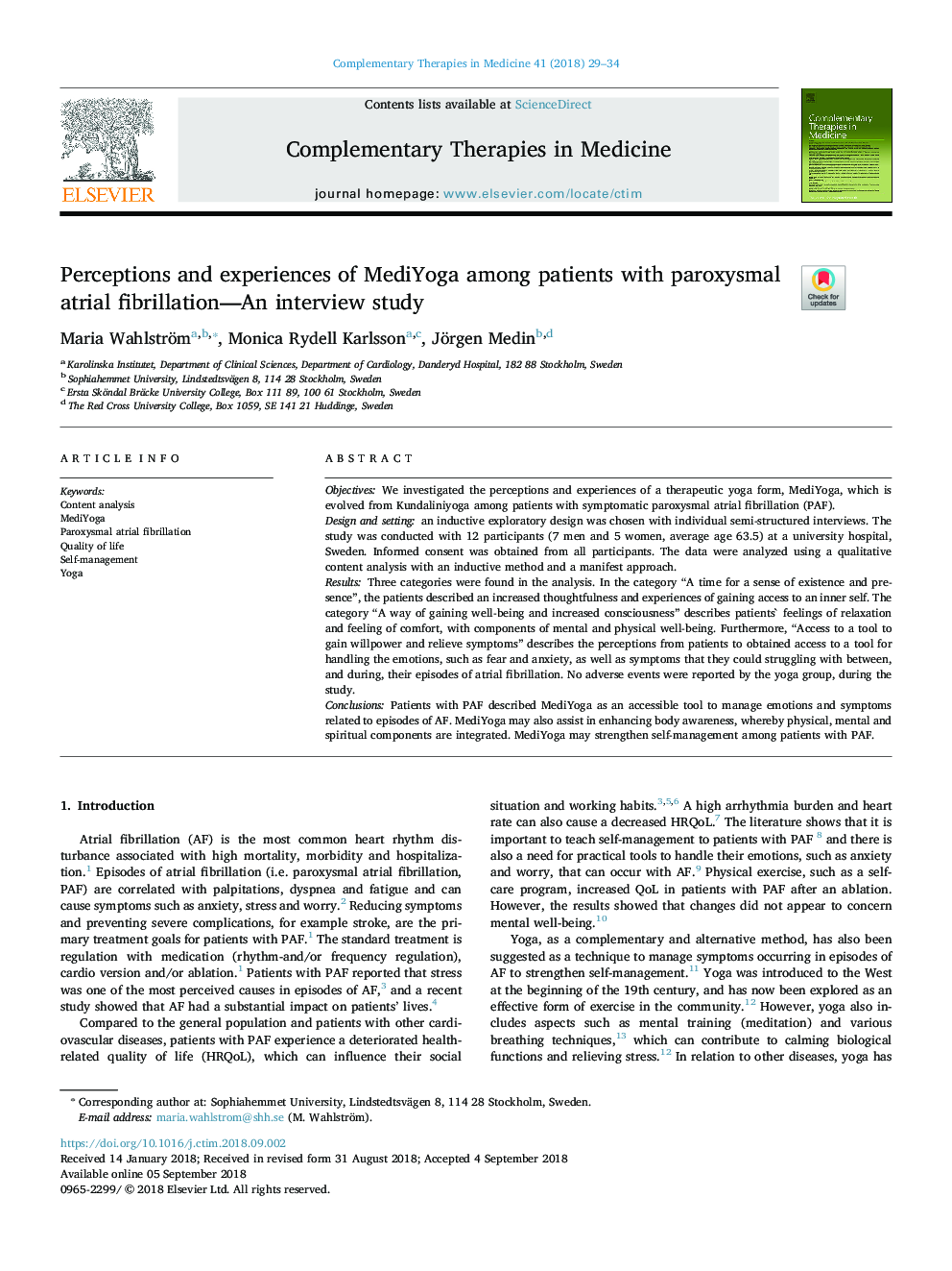 Perceptions and experiences of MediYoga among patients with paroxysmal atrial fibrillation-An interview study